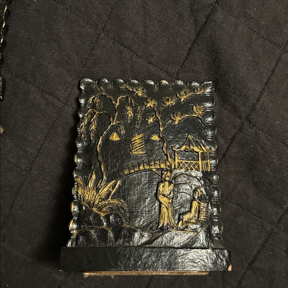 Two Vintage Brown Wood Book Ends Featuring Docked Tall Ships by Syroco Wood.